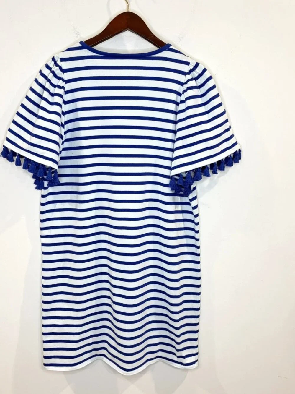 Kate Spade Broome Street Tassel Dress Sz XL Striped Flutter Sleeve Blue Preppy